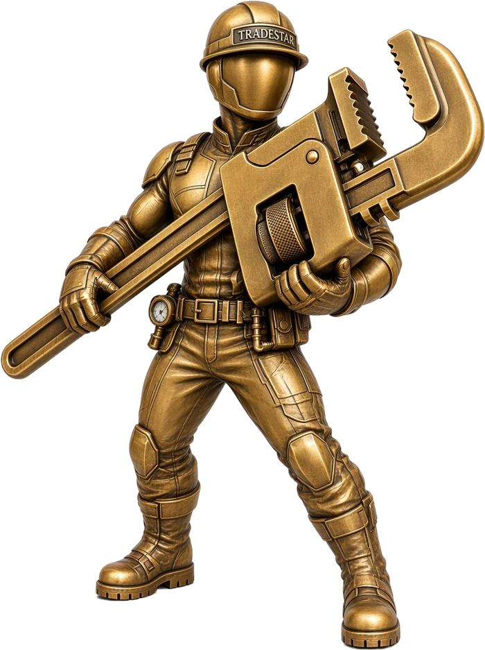 Tradestar brass craftsman mascot holding a pipe wrench